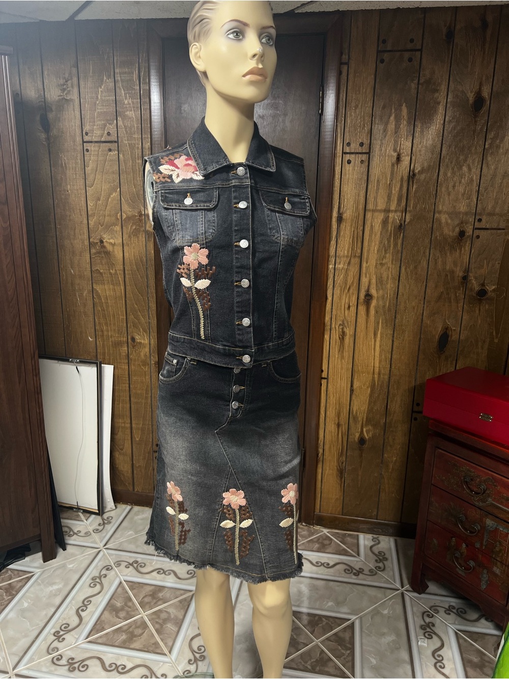 Blumarine Navy Blue Denim Jacket with Pink Embroidered Flowers